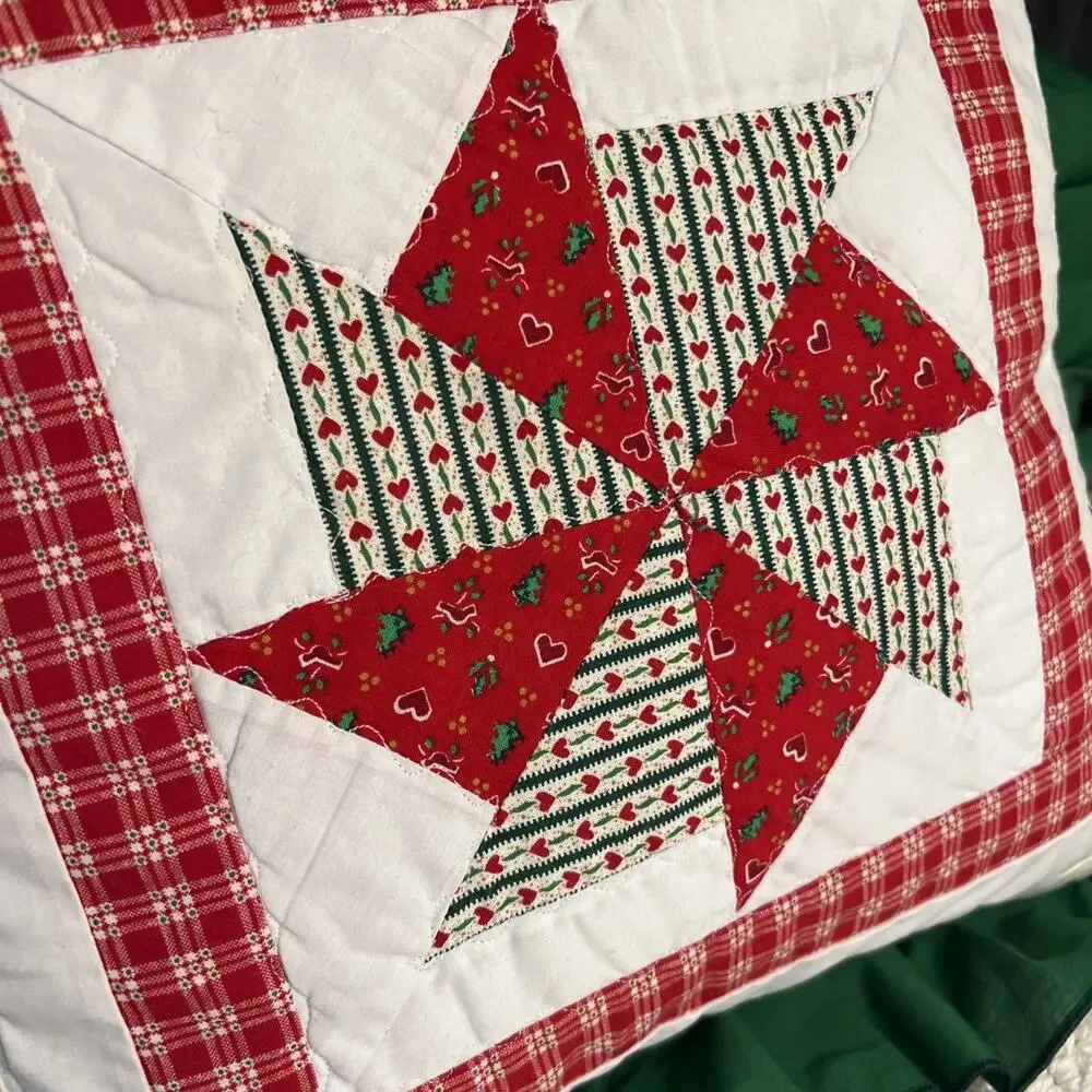 Vintage Christmas Pinwheel Quilt Pillow Red Green Ruffle Farmhouse Country